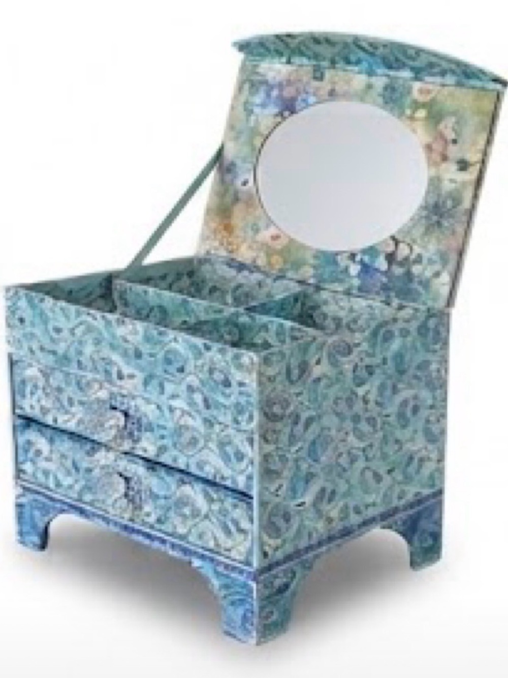 Jewelry Box Studio Blue Floral Pattern with Mirror and 2 drawers